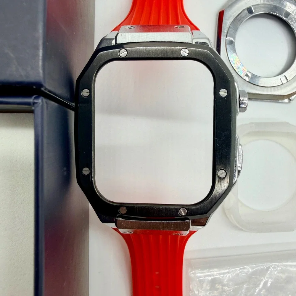 Mod Kit Case for Apple Watch 44-45mm Stainless Steel Rubber Strap Red Excellent